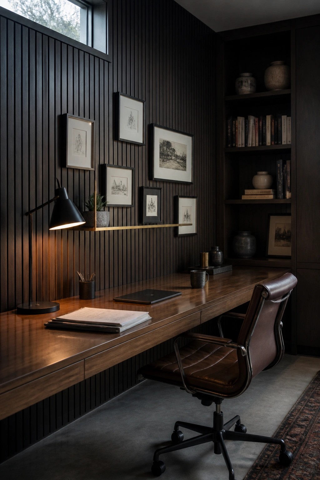 Dark modern office with wooden desk, brown leather chair, framed art, and bookshelves