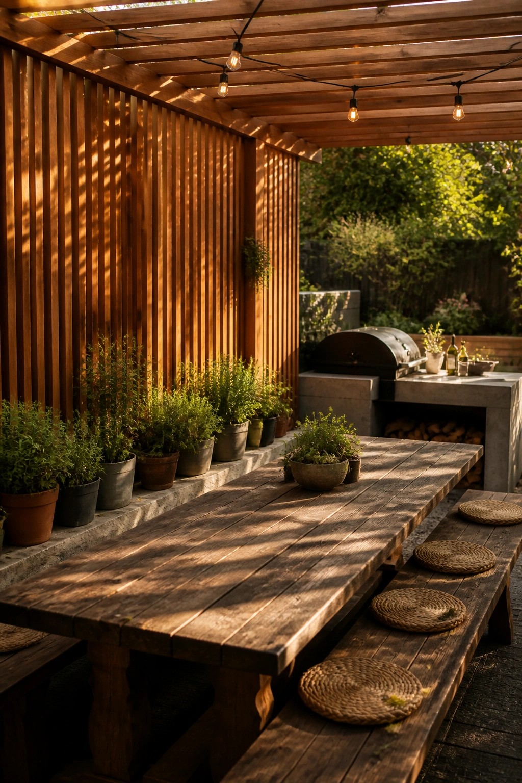 An outdoor patio with a long wooden table and benches under a pergola, featuring a vertical wood slat wall on the left and potted plants along a concrete ledge.