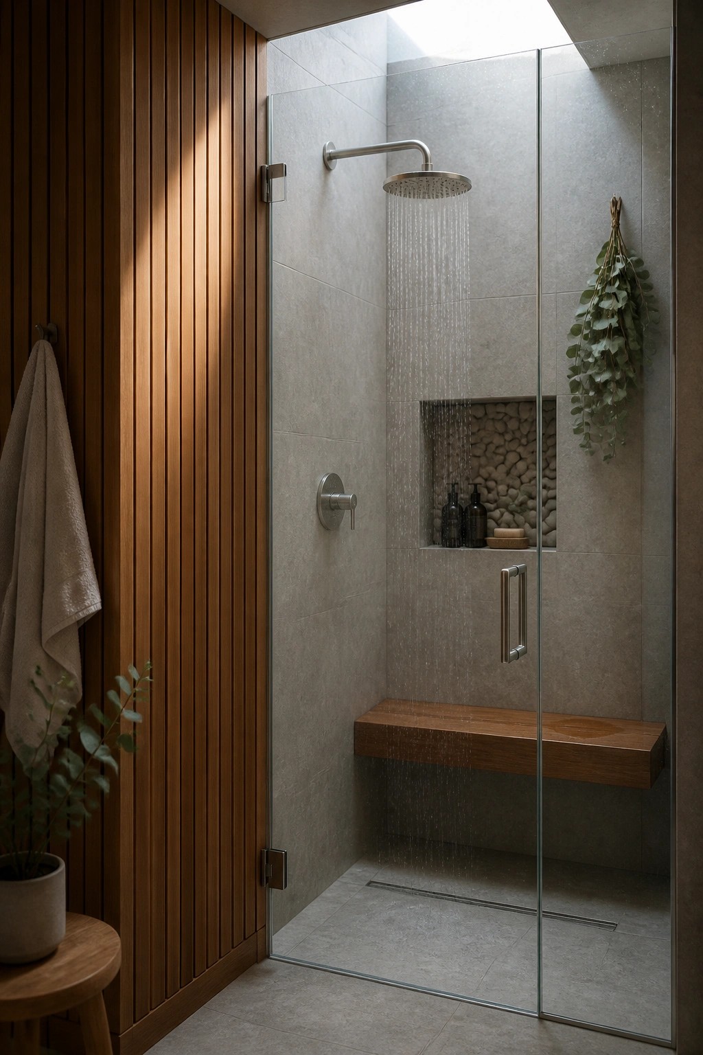 A modern bathroom with a glass shower enclosure, gray tiled walls, a wooden bench inside the shower, and vertical wood cladding on the adjacent wall.