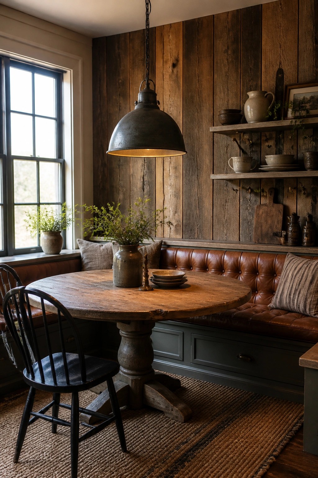 A round wooden dining table with a black spindle chair sits in front of a vertical wood plank wall, with a brown leather banquette, open shelves, and a large metal pendant light overhead.