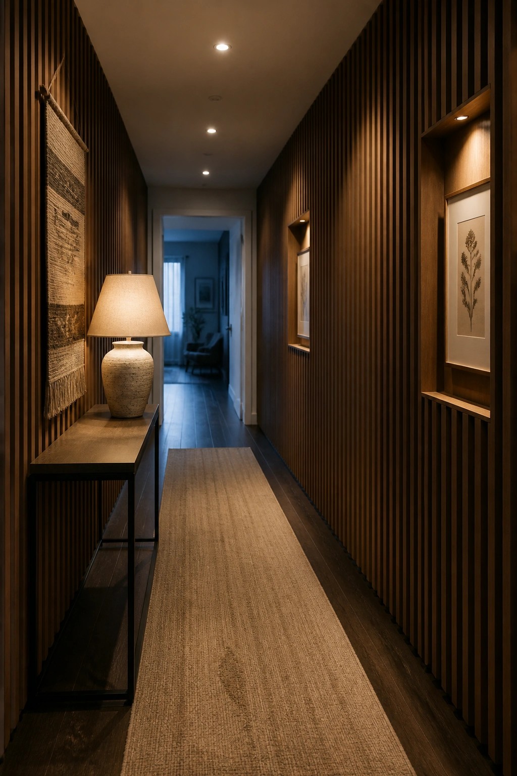A narrow interior hallway lined with vertical wood cladding on both walls, featuring a console table with a lamp on the left and recessed niches with framed art on the right.