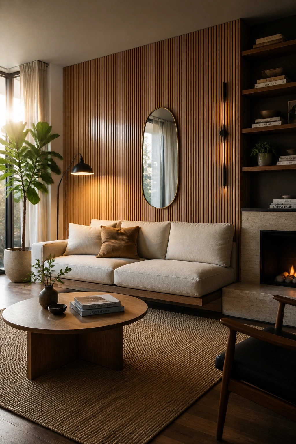 A contemporary living room featuring a light-colored sofa against a vertical wood slat accent wall with an oval mirror, built-in shelves, and a round coffee table on a woven rug.