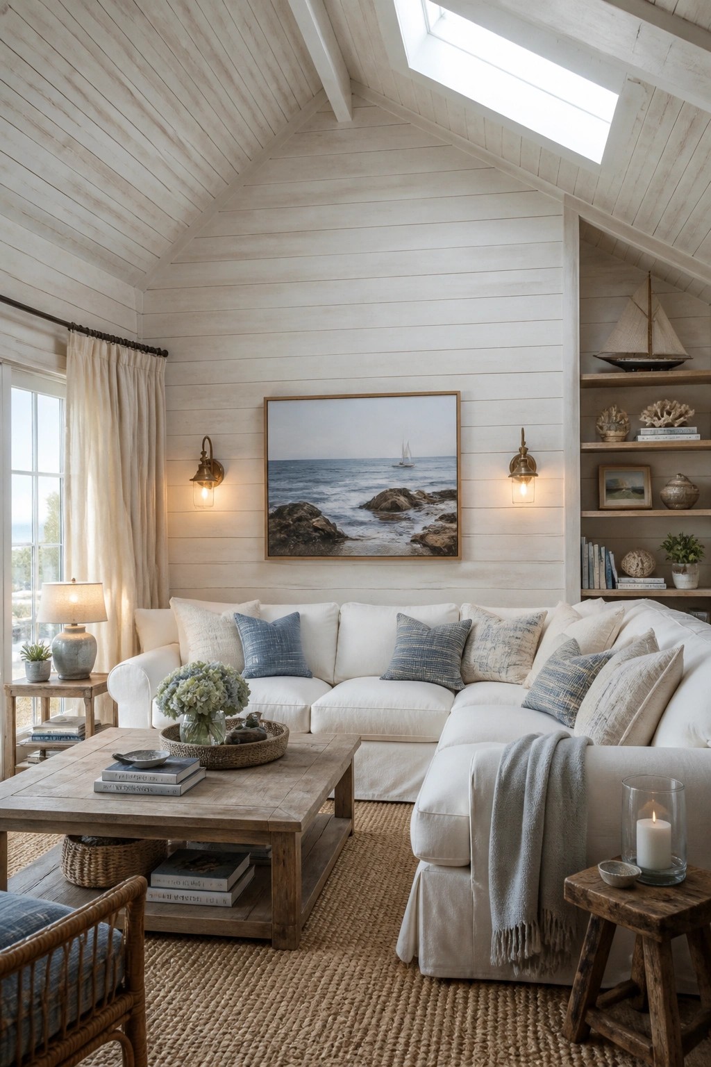 A living room with white horizontal wood shiplap on the walls and ceiling, a white sectional sofa, wooden coffee table on a jute rug, and a large framed ocean painting centered above the sofa.