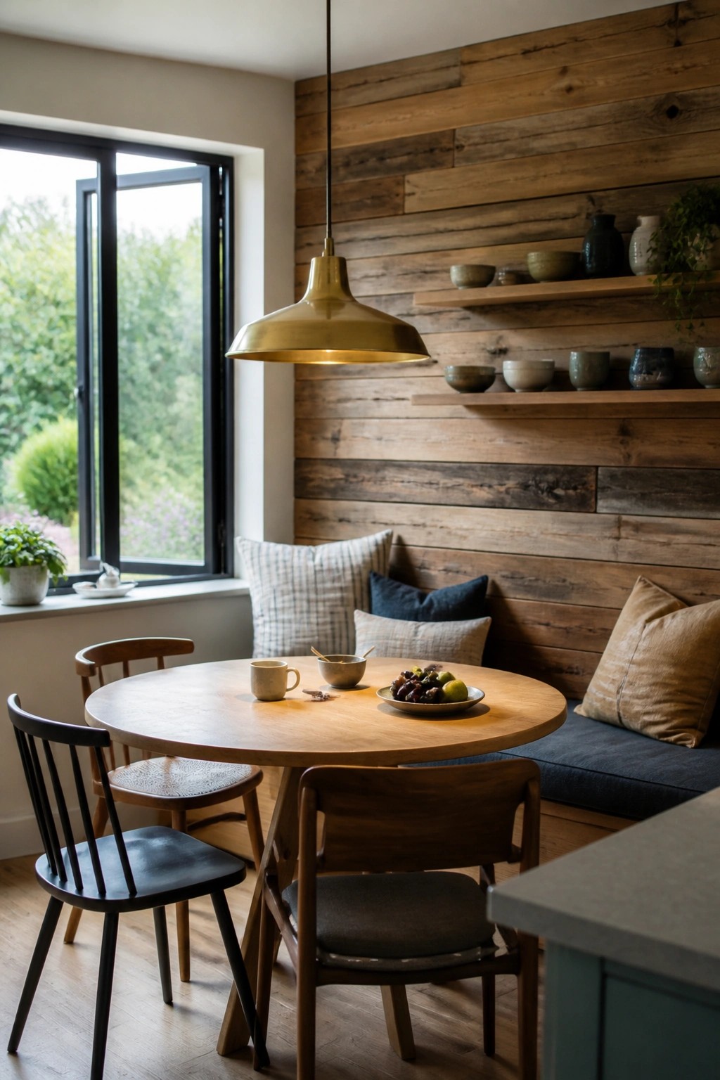 A round wooden dining table with chairs sits in front of a wall covered in horizontal wood planks, with a built-in bench and cushions along the base.