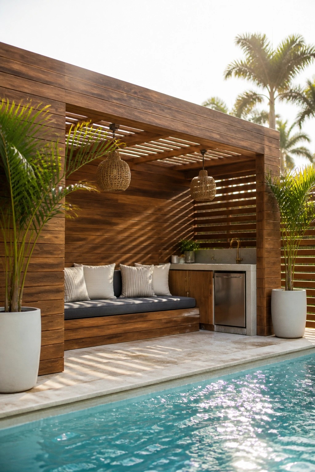A covered outdoor lounge with horizontal wood wall cladding, built-in bench seating, and an outdoor kitchen next to a swimming pool.
