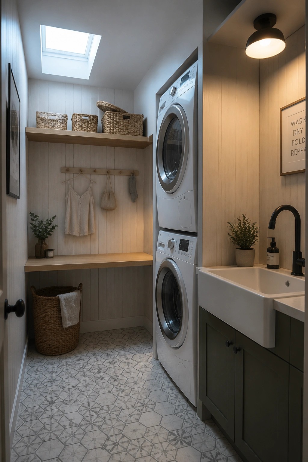 A narrow laundry room featuring vertical light wood wall cladding, a stacked washer and dryer, a utility sink with dark green cabinetry, woven baskets on a wooden shelf, and patterned tile flooring.