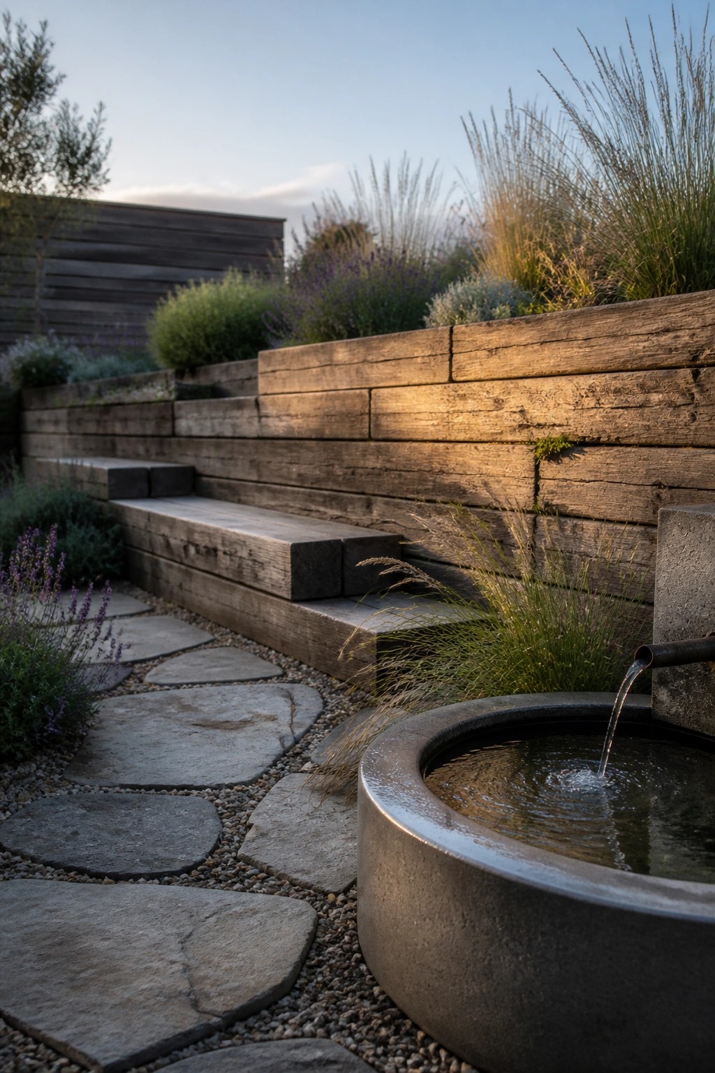 Stone fountain with flowing water beside wooden steps and stone path.