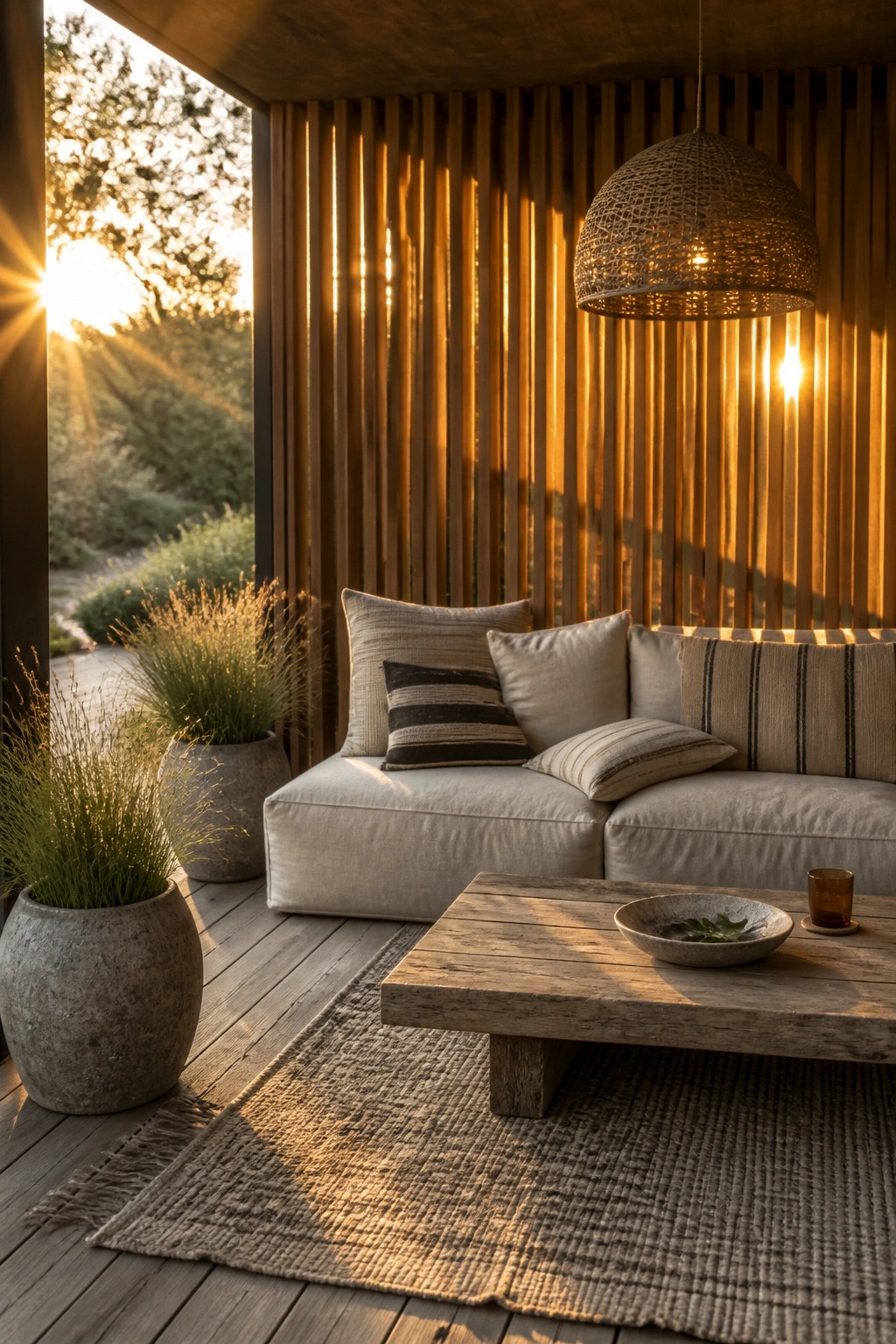 An outdoor seating area on a wooden deck with a light gray sectional sofa, striped pillows, a wooden coffee table, potted plants, and a vertical wood slat wall in the background.