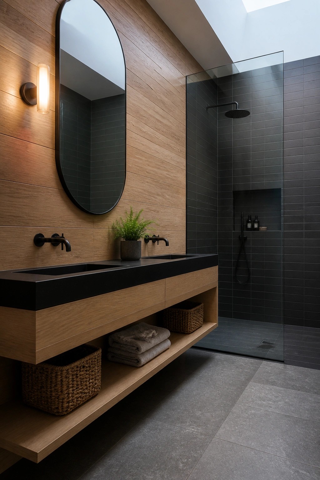 A modern bathroom with vertical light wood wall cladding behind a floating wood vanity with black sinks and countertops, an oval mirror, wall sconce, and a glass shower with dark tiles.