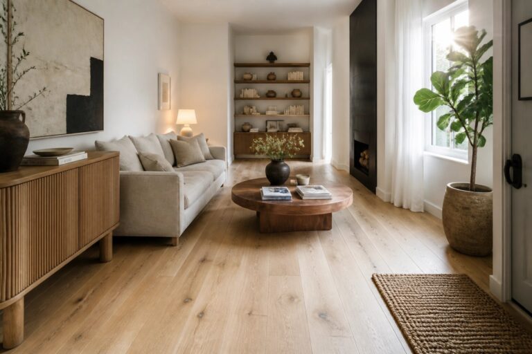 25 Stunning Wide Plank Hardwood Floors That Make Rooms Feel Larger Living room interior showing light wide plank hardwood flooring with a long woven runner, round dark wood coffee table, white sofa, and built-in wood shelves along one wall.