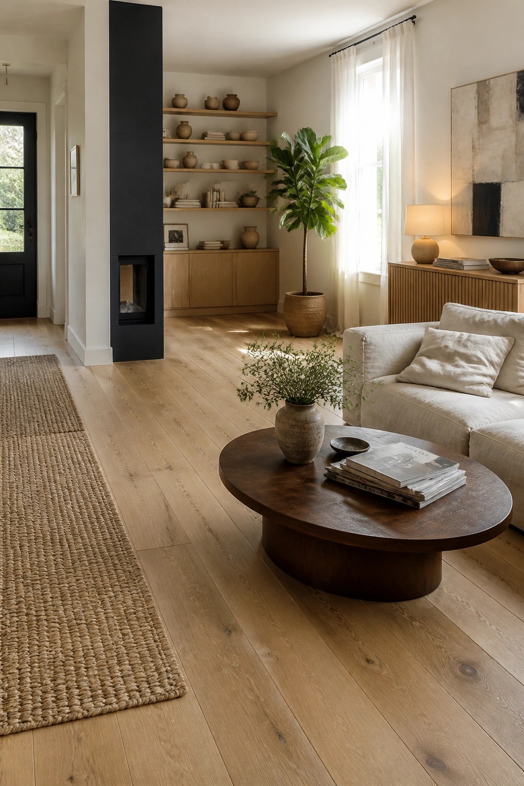 Living room interior showing light wide plank hardwood flooring with a long woven runner, round dark wood coffee table, white sofa, and built-in wood shelves along one wall.