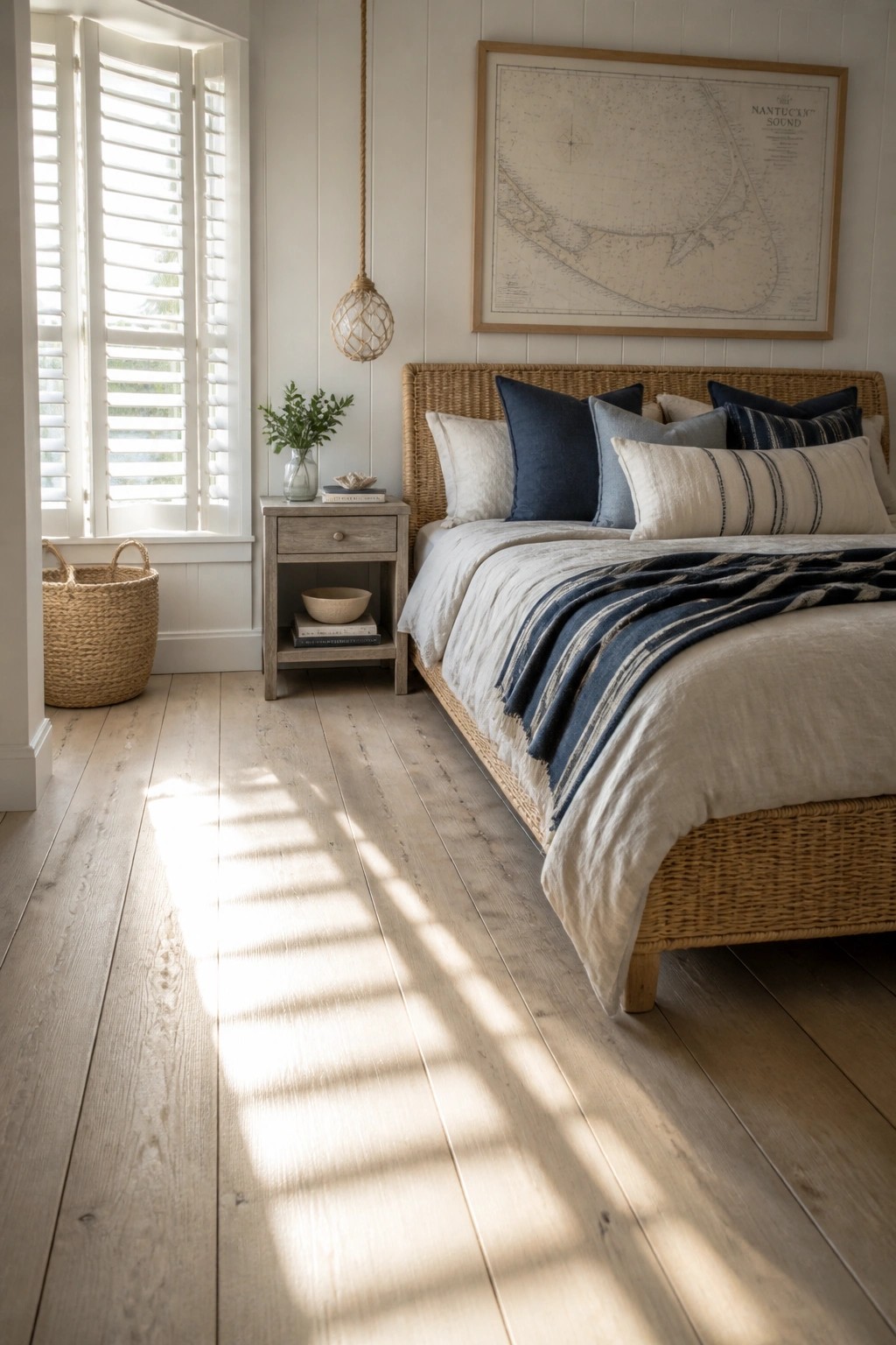 A bedroom featuring wide light wood plank flooring, a woven bed with blue and white bedding, a wooden nightstand, and sunlight casting shadows from a shuttered window.