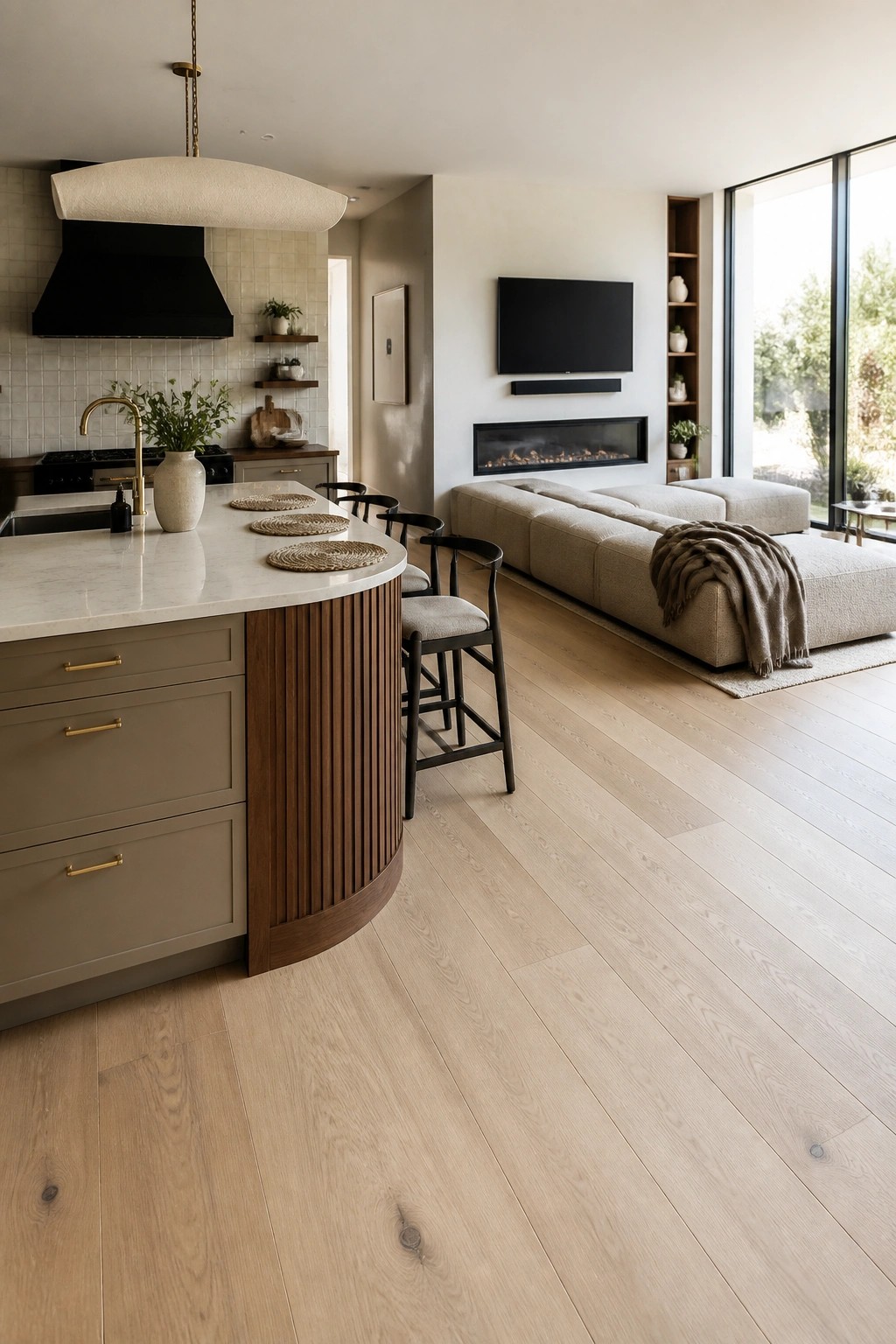 An open kitchen and living area with light wide plank hardwood flooring, a curved island with bar stools, and a large sectional facing a fireplace.