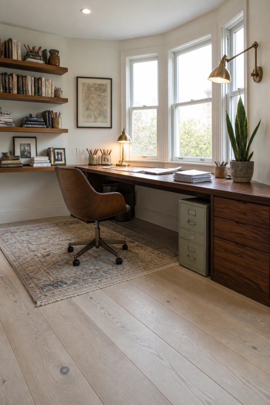 Bright home office with wooden desk, swivel chair, bookshelves, and large windows.