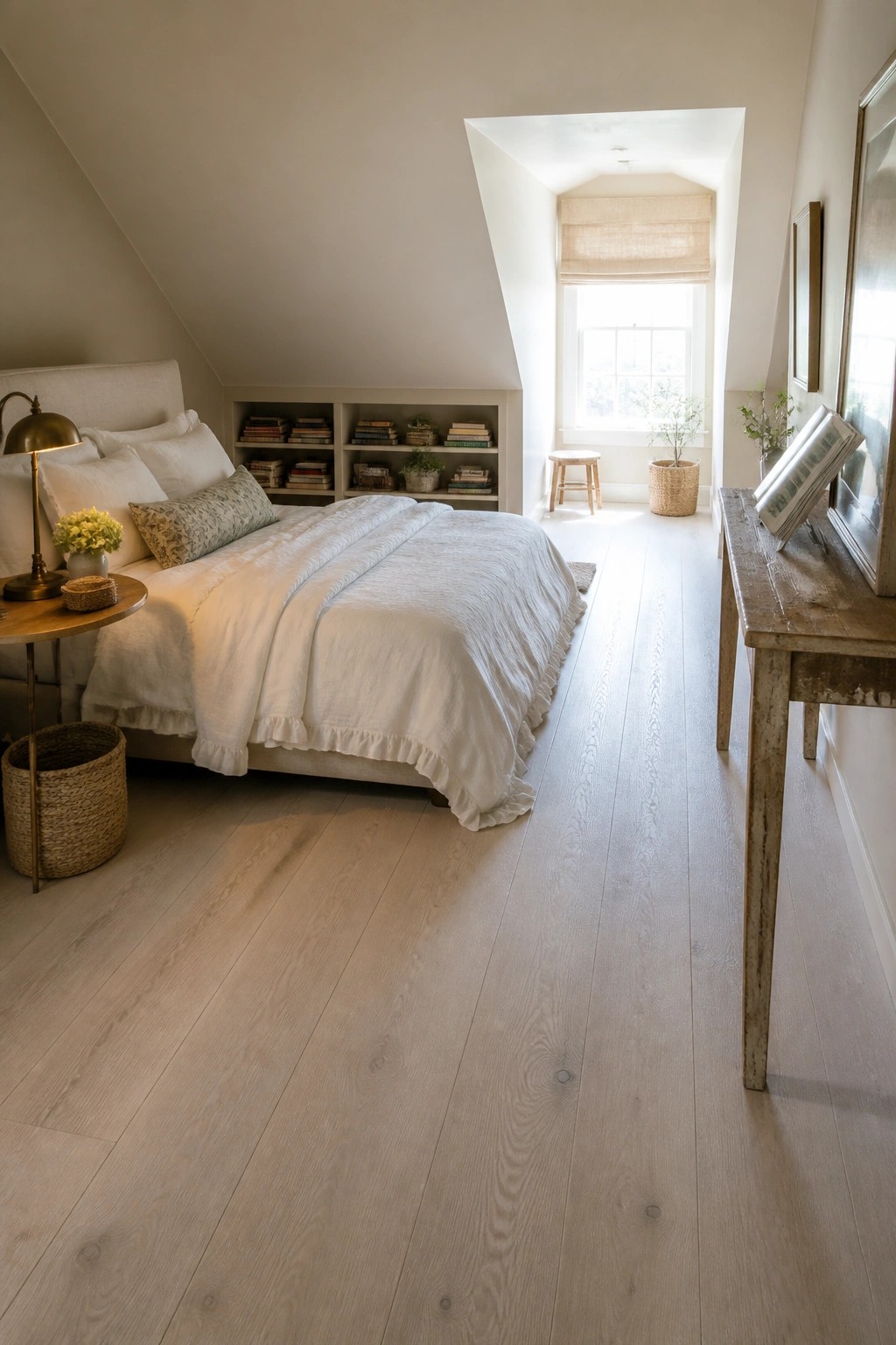 A bright bedroom with light wide plank hardwood floors, a bed dressed in white linens, built-in bookshelves along the back wall, and a window at the far end.