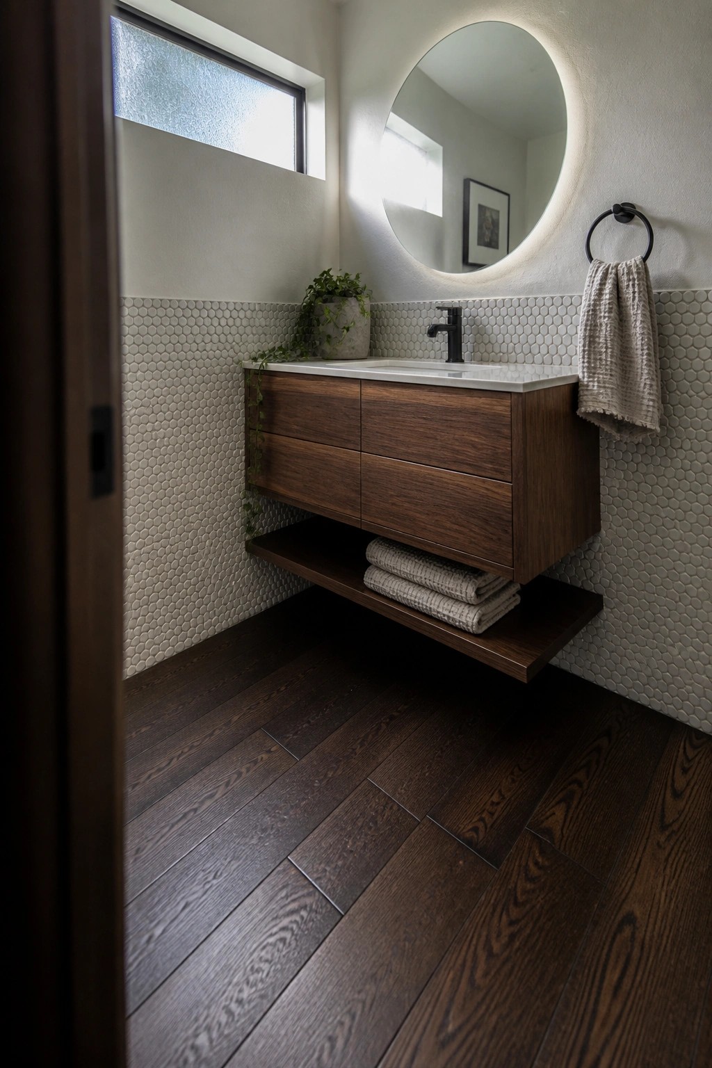 A bathroom with wide dark hardwood plank flooring, a floating wood vanity with white top, and a round backlit mirror on a wall with hexagonal tile.