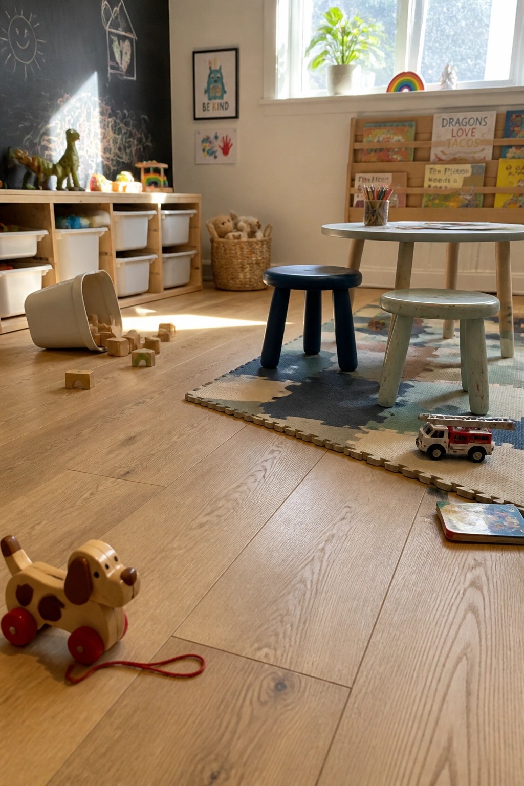 A children's playroom with light wide plank hardwood floors, scattered wooden toys, two small stools, a round table, a tipped storage bin, and a chalkboard wall.