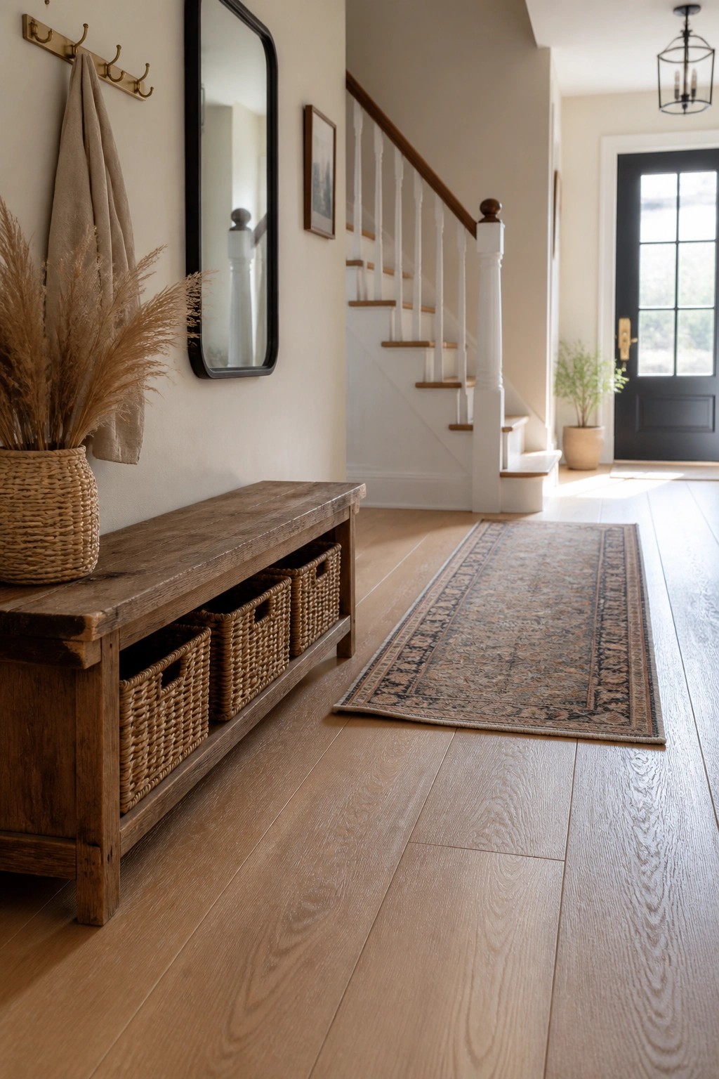 A light-colored wide plank hardwood floor in a home entry hallway with a wooden bench holding woven baskets, a wall mirror, and a staircase visible in the background.