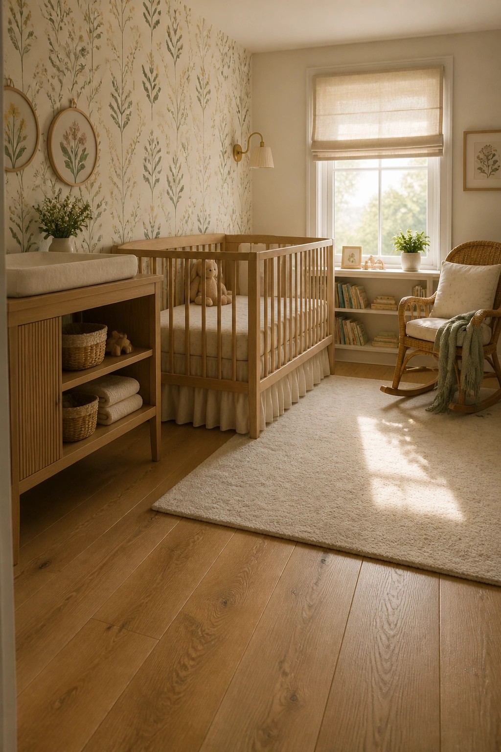 A bright nursery with light wide plank hardwood floors, a wooden crib, changing table, and rocking chair near a window.