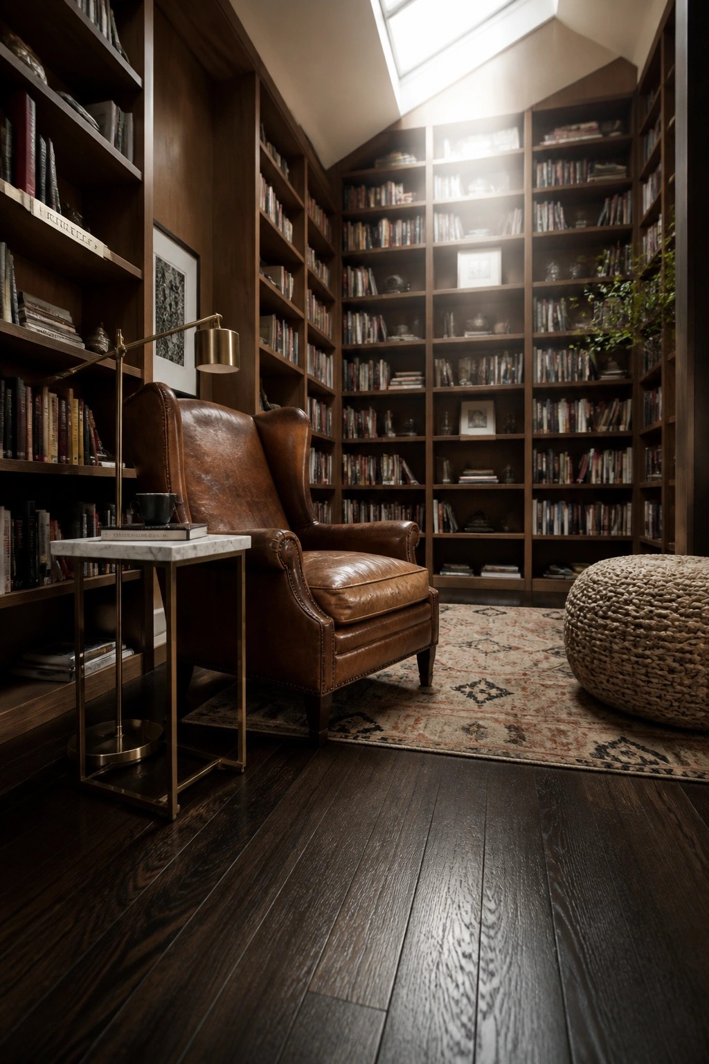 A library interior with dark wide plank hardwood flooring, floor-to-ceiling wooden bookshelves filled with books, a brown leather armchair beside a side table, and a skylight overhead.