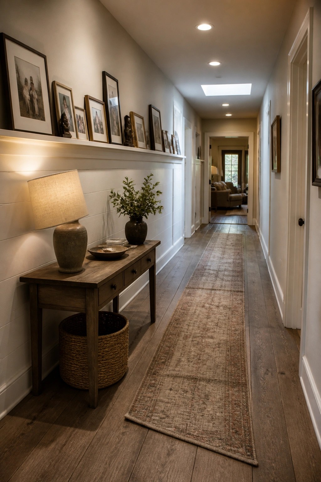 A narrow hallway with wide plank hardwood flooring, a wooden console table holding a lamp and vase, framed photos on a ledge, and a long runner rug.