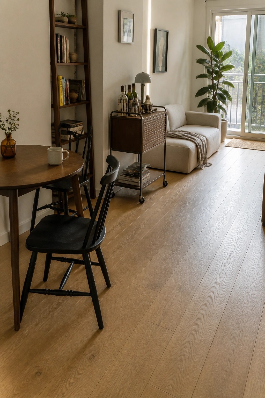 A living area with light wide plank hardwood floors, a round wooden table with black spindle chairs, a rolling wooden bar cart, and a low white sofa near a large glass door.