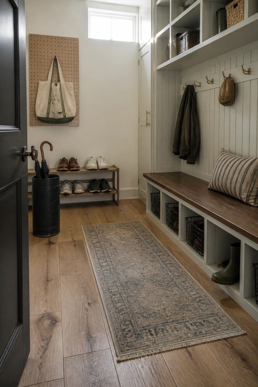 A narrow mudroom with wide light hardwood floors, a long runner rug, built-in bench seating with baskets below, and a pegboard on the left wall.