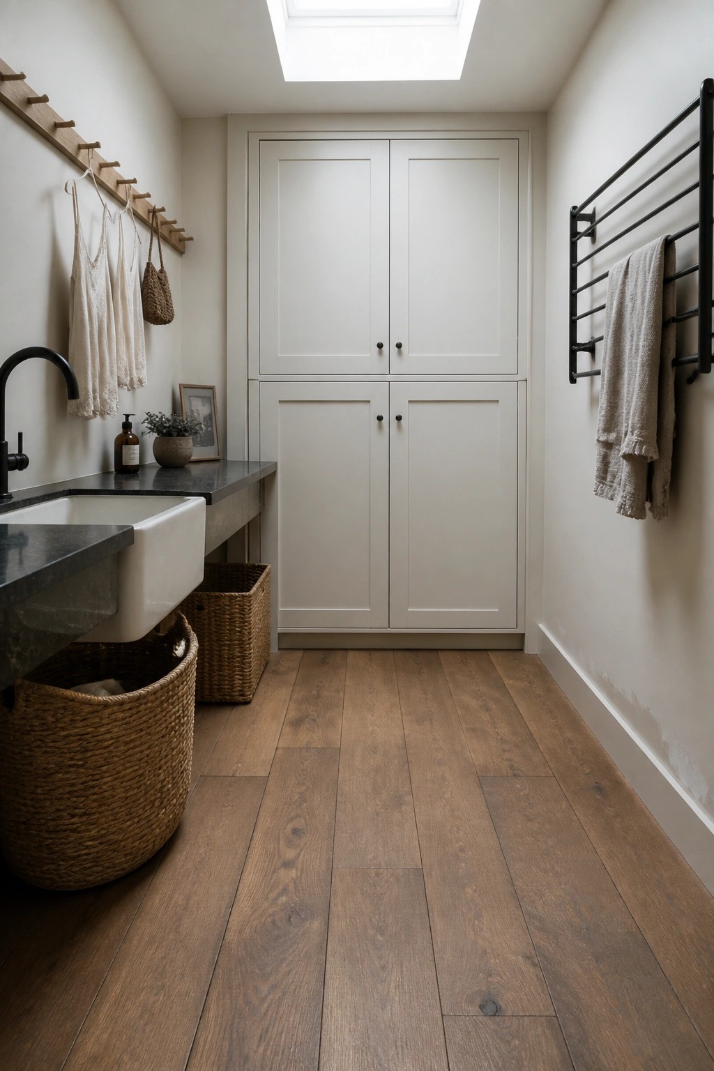 A narrow interior room with white cabinets, a utility sink, woven baskets, and wide plank hardwood flooring running the length of the space.