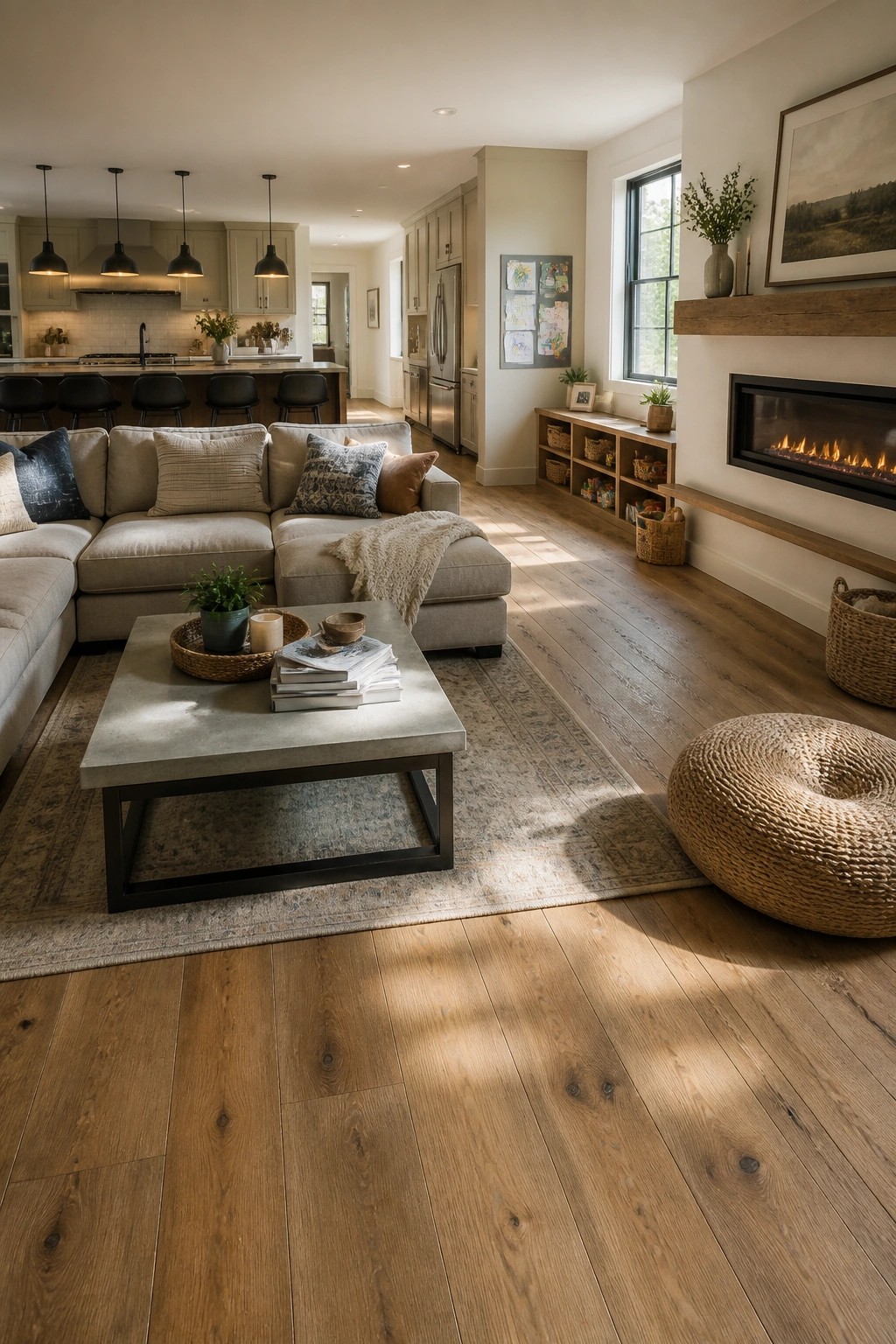 A living room with a large sectional sofa, concrete coffee table, and fireplace, showing wide plank hardwood flooring that continues into a kitchen area with bar stools and cabinets.