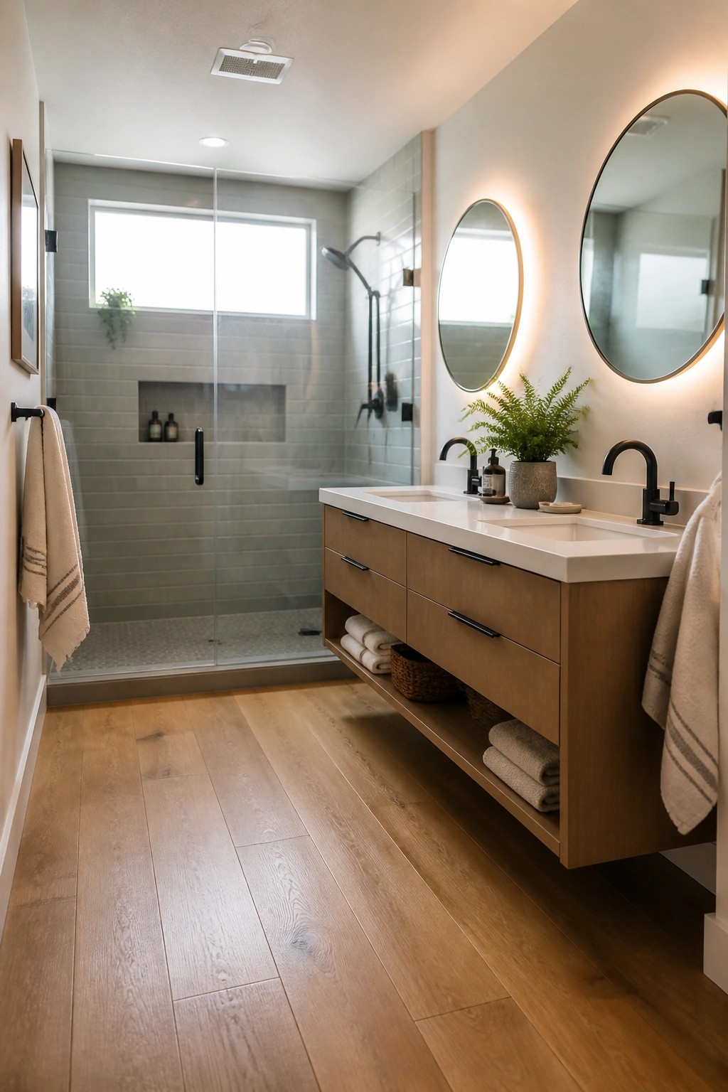 A bathroom interior showing light wide plank hardwood flooring, a floating wood vanity with white top and black fixtures, round backlit mirrors, and a glass shower enclosure in the background.