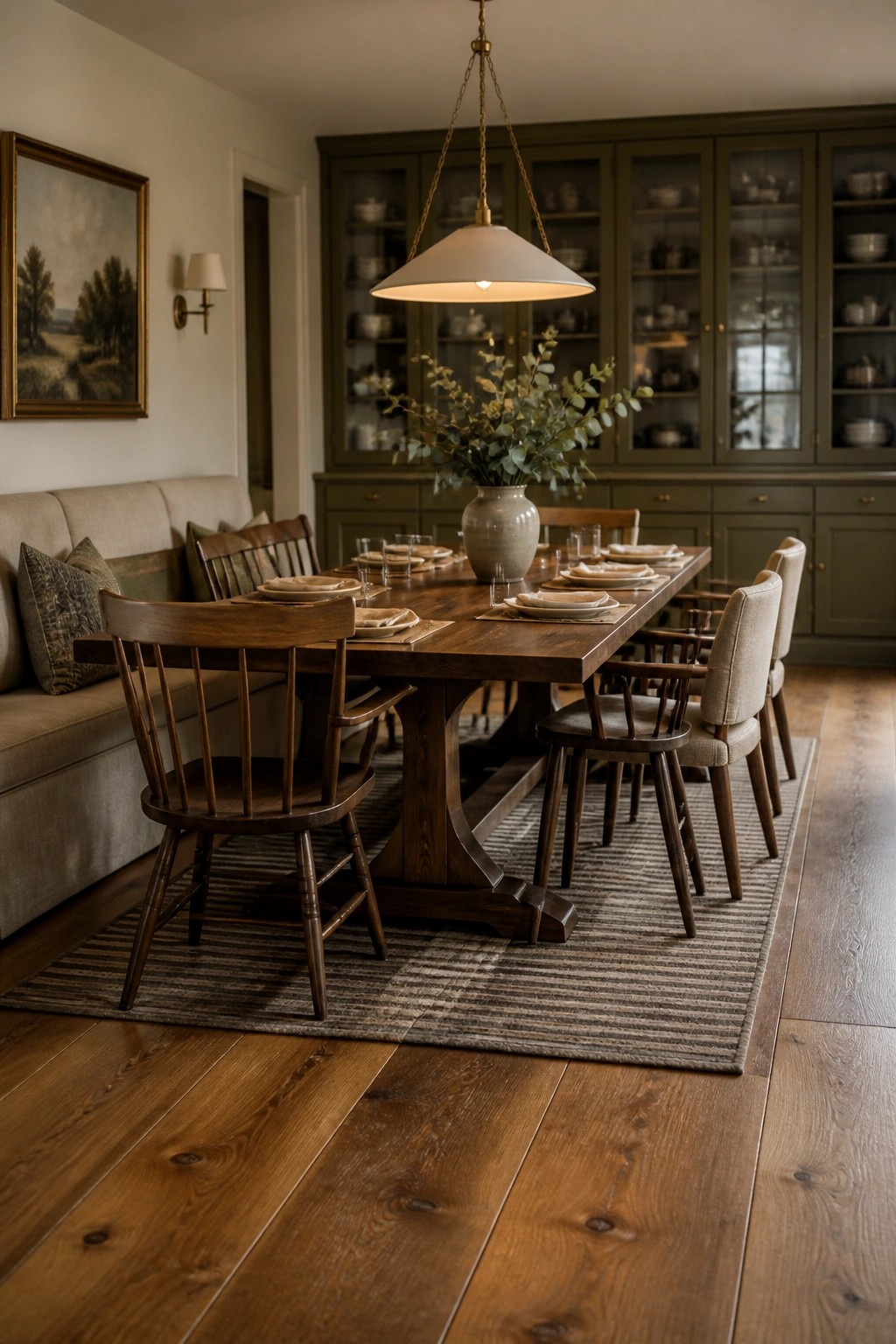 A dining room featuring wide plank hardwood floors, a long wooden table set with plates and glasses, wooden chairs, and a large vase of greenery on the table.