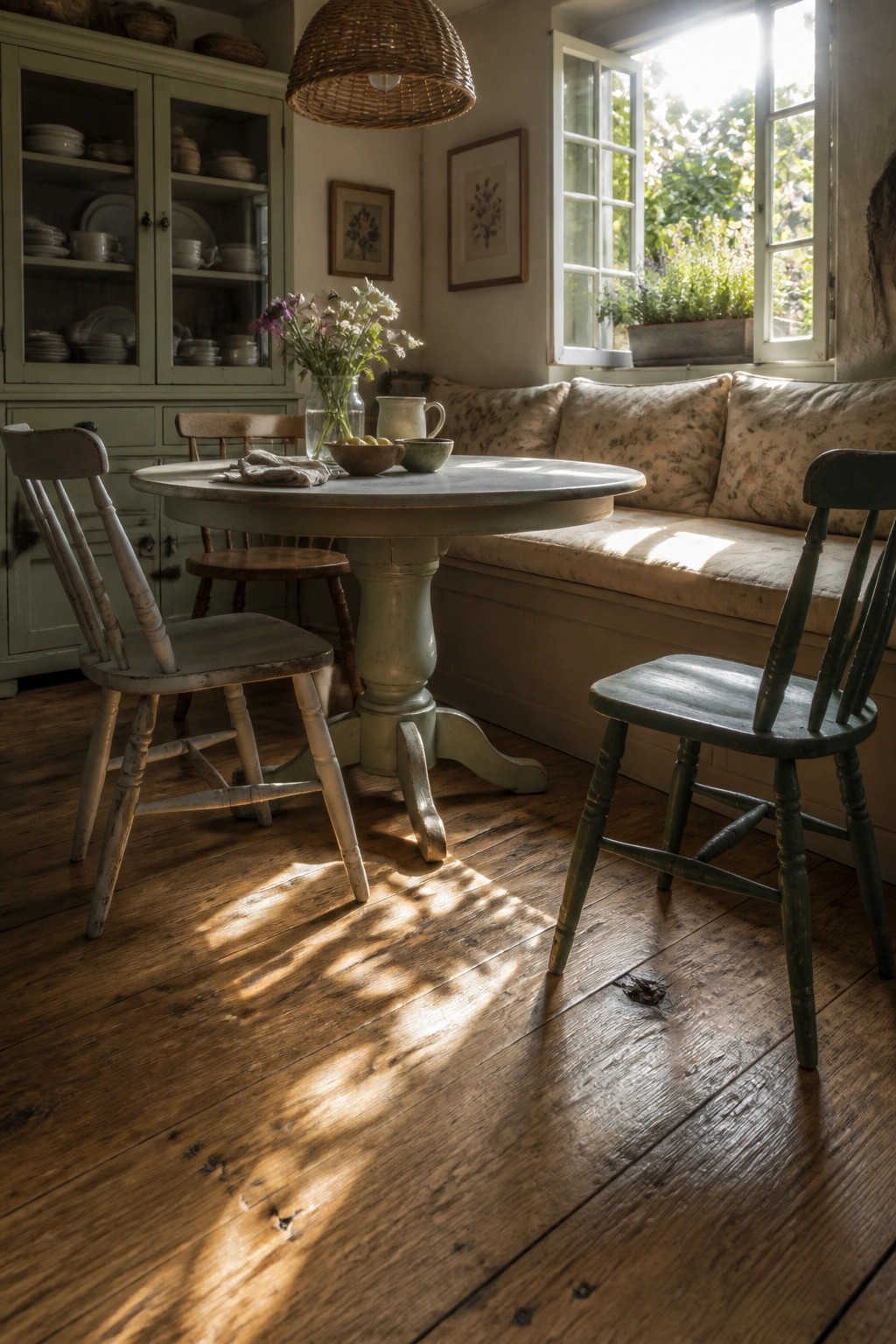 A rustic dining room with wide plank hardwood floors, a round pedestal table, mismatched wooden chairs, a built-in window seat, and a green hutch along the wall.