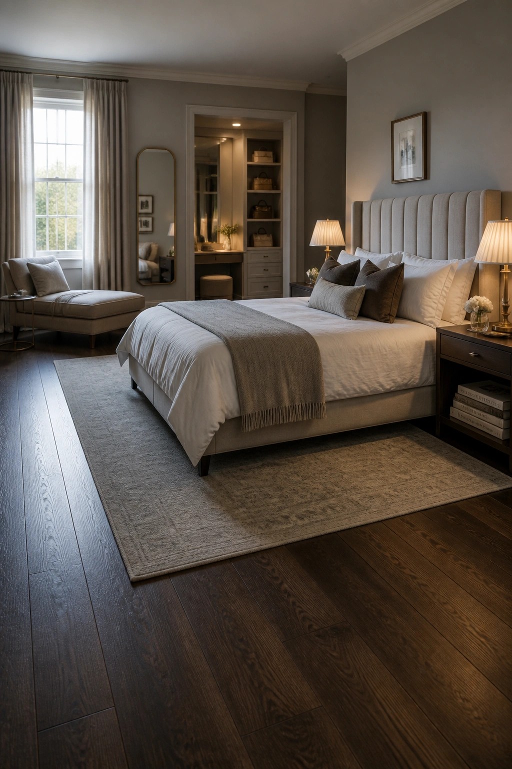 A bedroom with a large upholstered bed on a light rug over dark wide plank hardwood floors, neutral bedding, and built-in closet visible in the background.