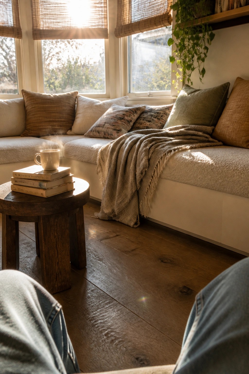 Interior view of a living room with wide plank dark hardwood flooring, a white sectional sofa with pillows and a beige throw, and sunlight coming through large windows.