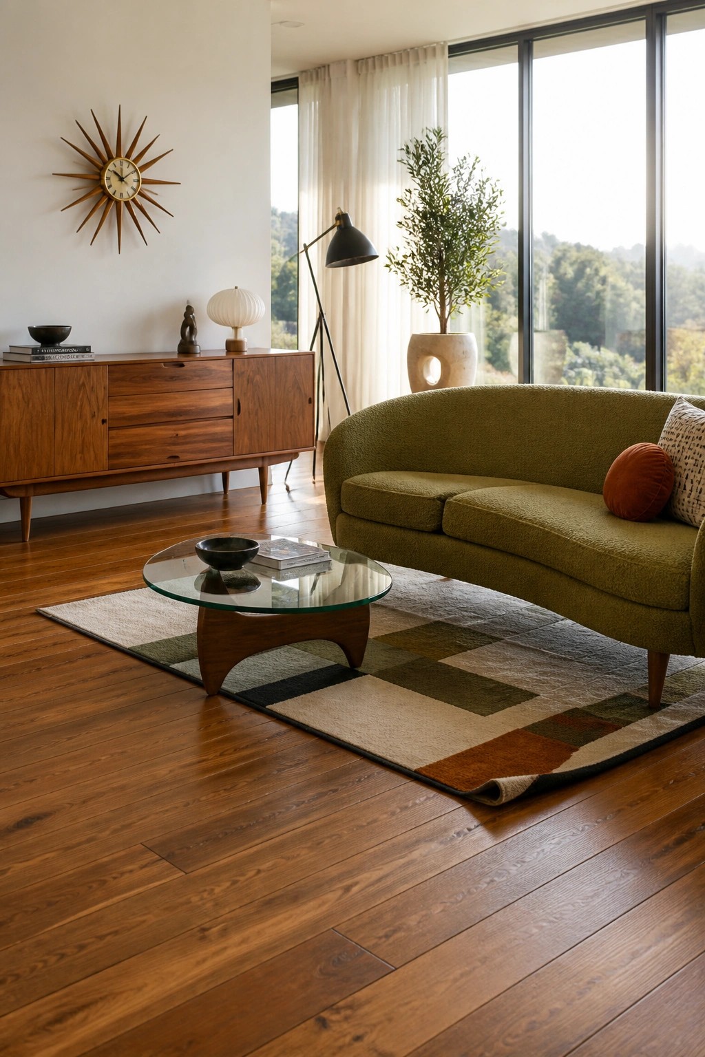 Mid-century living room with olive sofa, glass table, wooden credenza, and starburst clock.