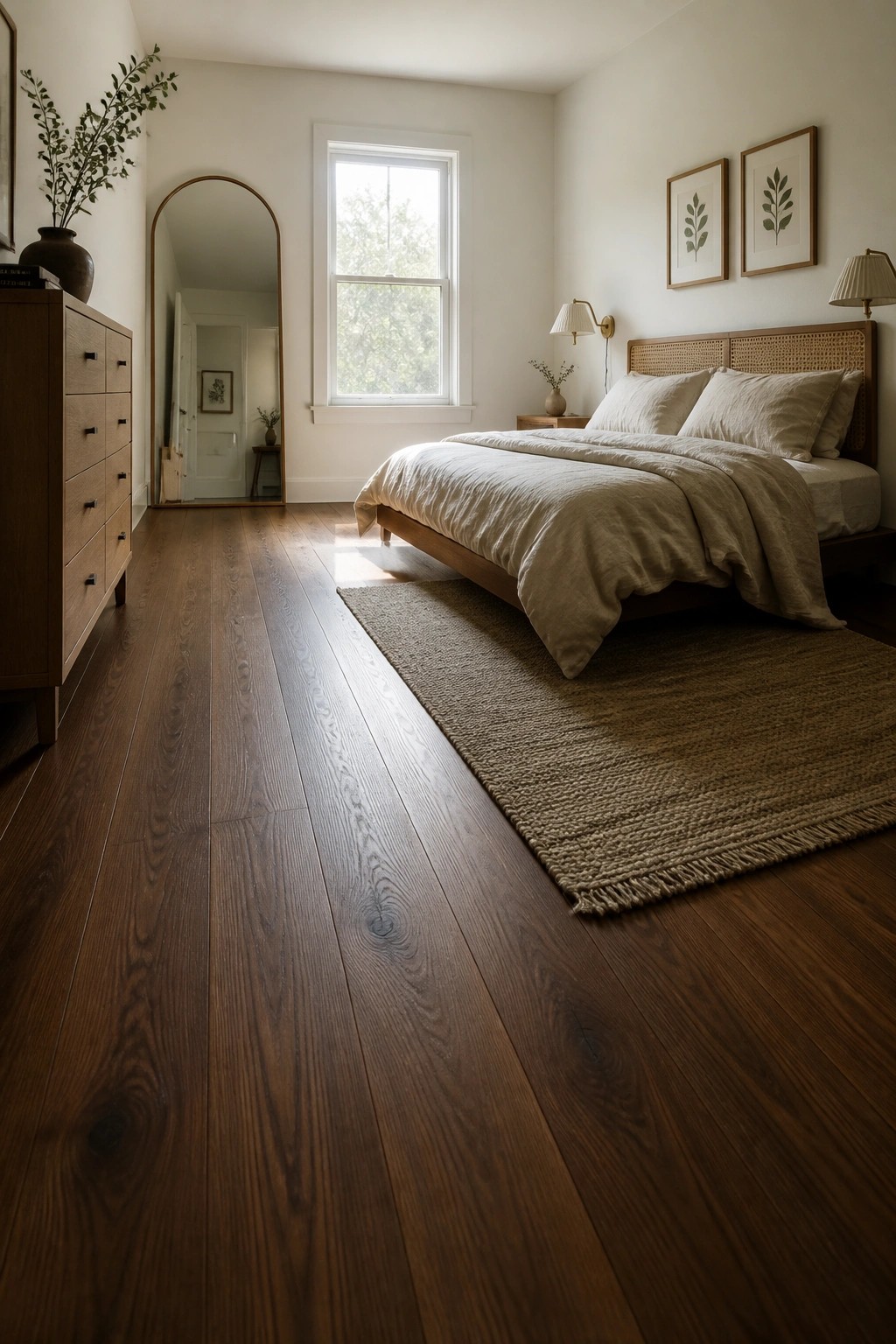 A bedroom interior featuring wide dark hardwood floors, a bed with beige linens on a large woven rug, and an arched floor mirror reflecting a hallway.