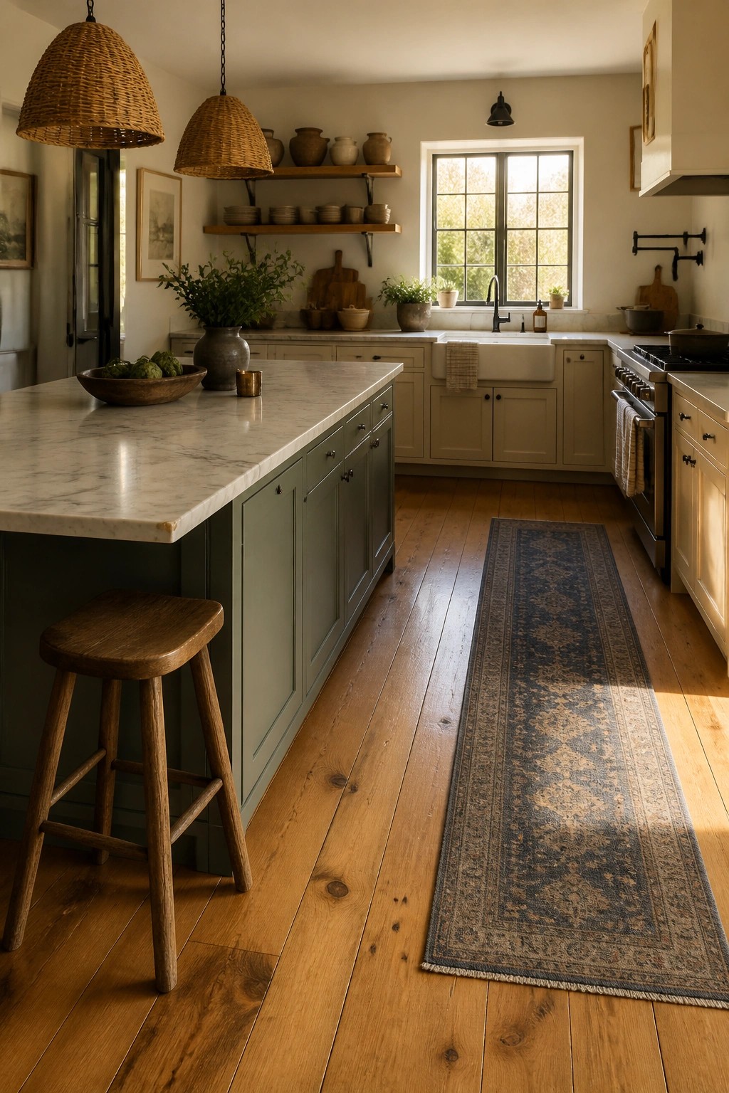A kitchen interior featuring wide plank hardwood flooring, a marble topped island with a wooden stool, green cabinetry, and a long patterned runner on the floor.