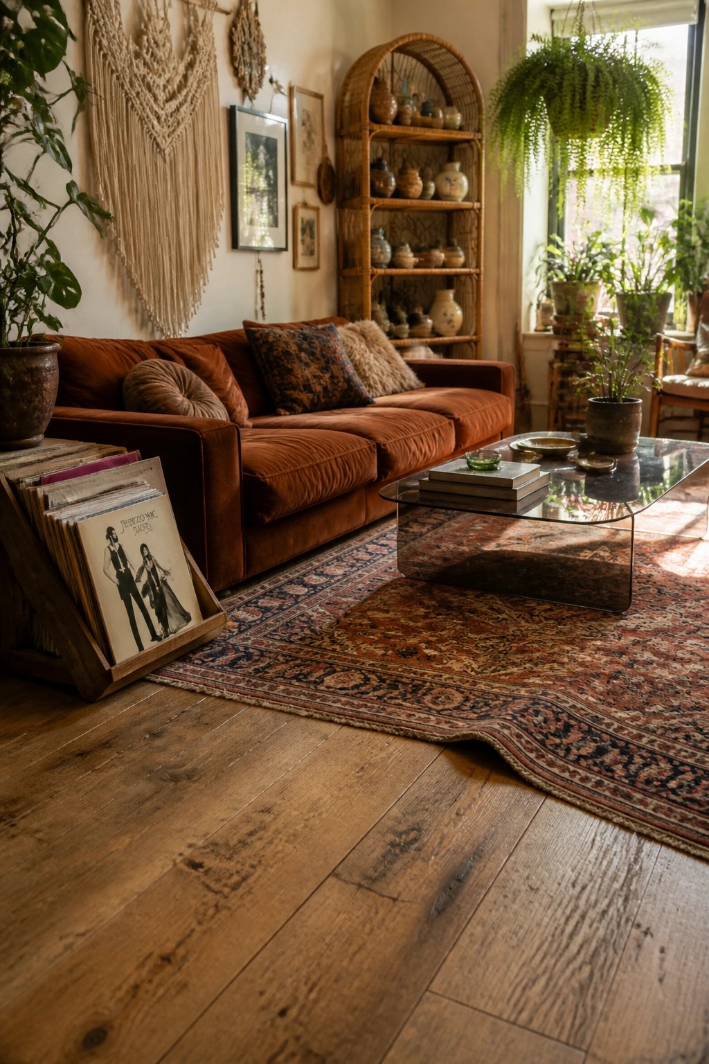 A living room with wide plank hardwood floors, a rust-colored sofa, glass coffee table, and patterned area rug.
