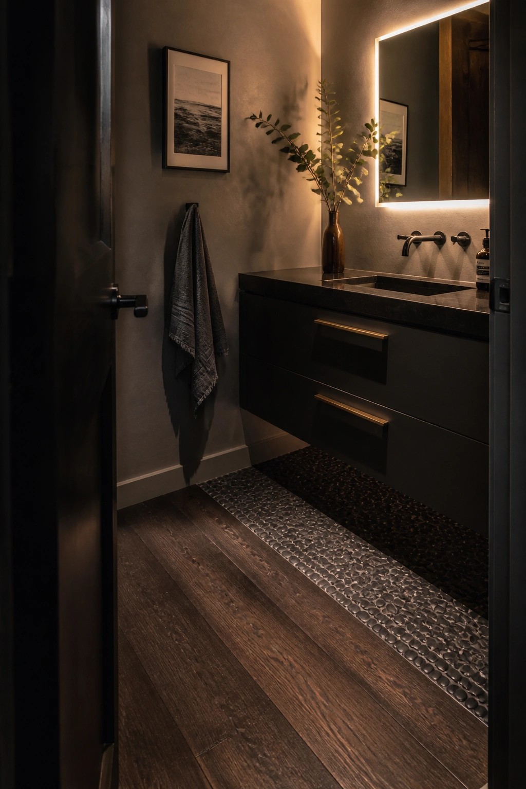 A narrow bathroom with wide dark hardwood flooring, a floating black vanity, and a backlit mirror above the sink.
