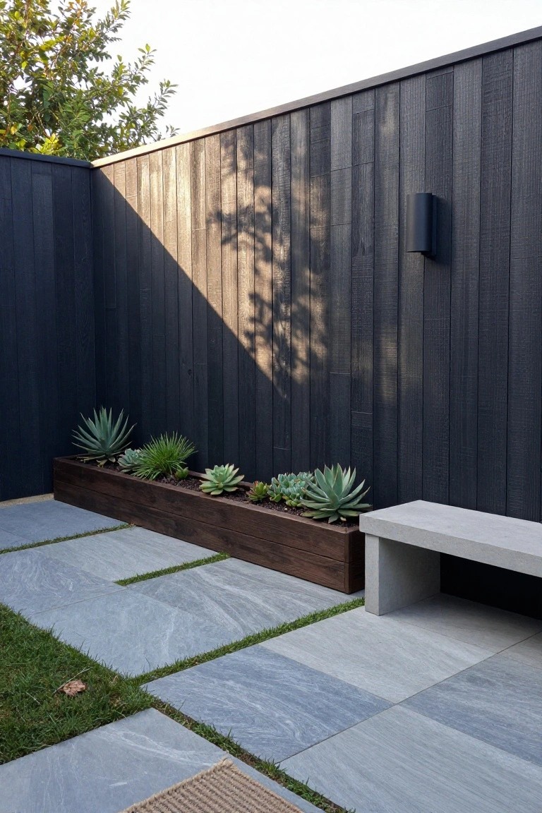 A dark wood fence with a long matching planter box holding succulents, set beside gray stone pavers and a concrete bench.