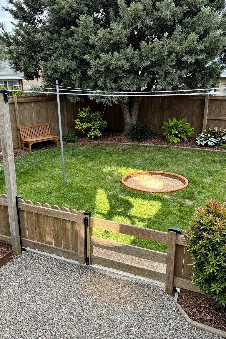 A wooden fence with a gate in the foreground opens to a grassy backyard containing a circular sand area, trees, and shrubs.