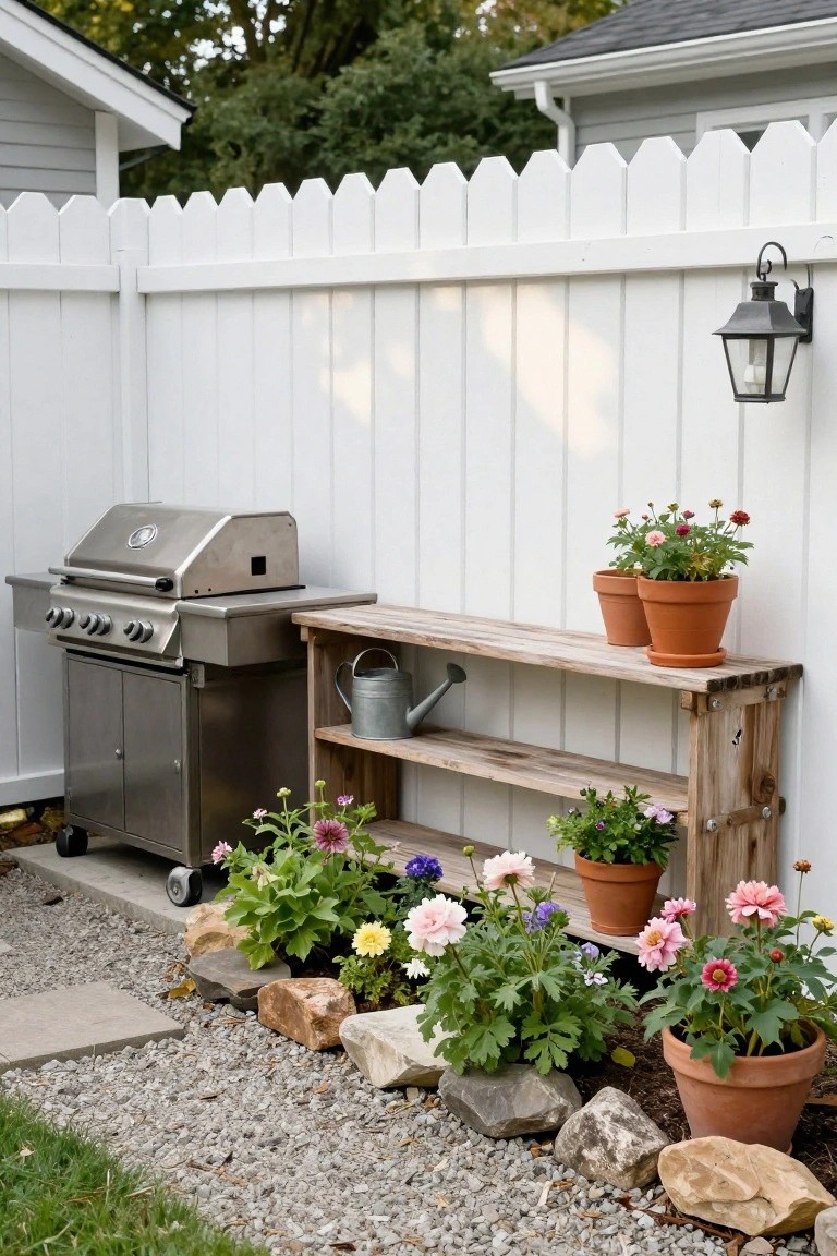A white picket fence with a rustic wooden multi-tier shelf holding terracotta pots, positioned next to a stainless steel grill on a gravel bed with rocks and flowers.