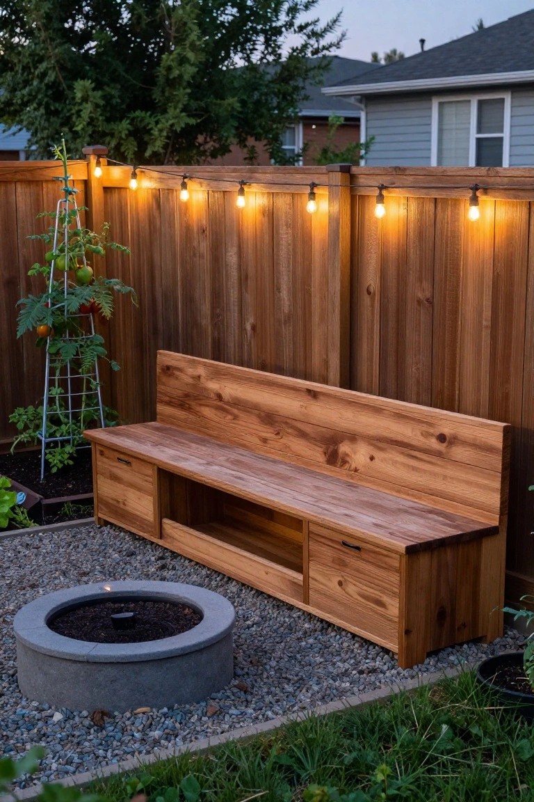 Wooden storage bench under string lights beside fire pit and tomato plant on gravel