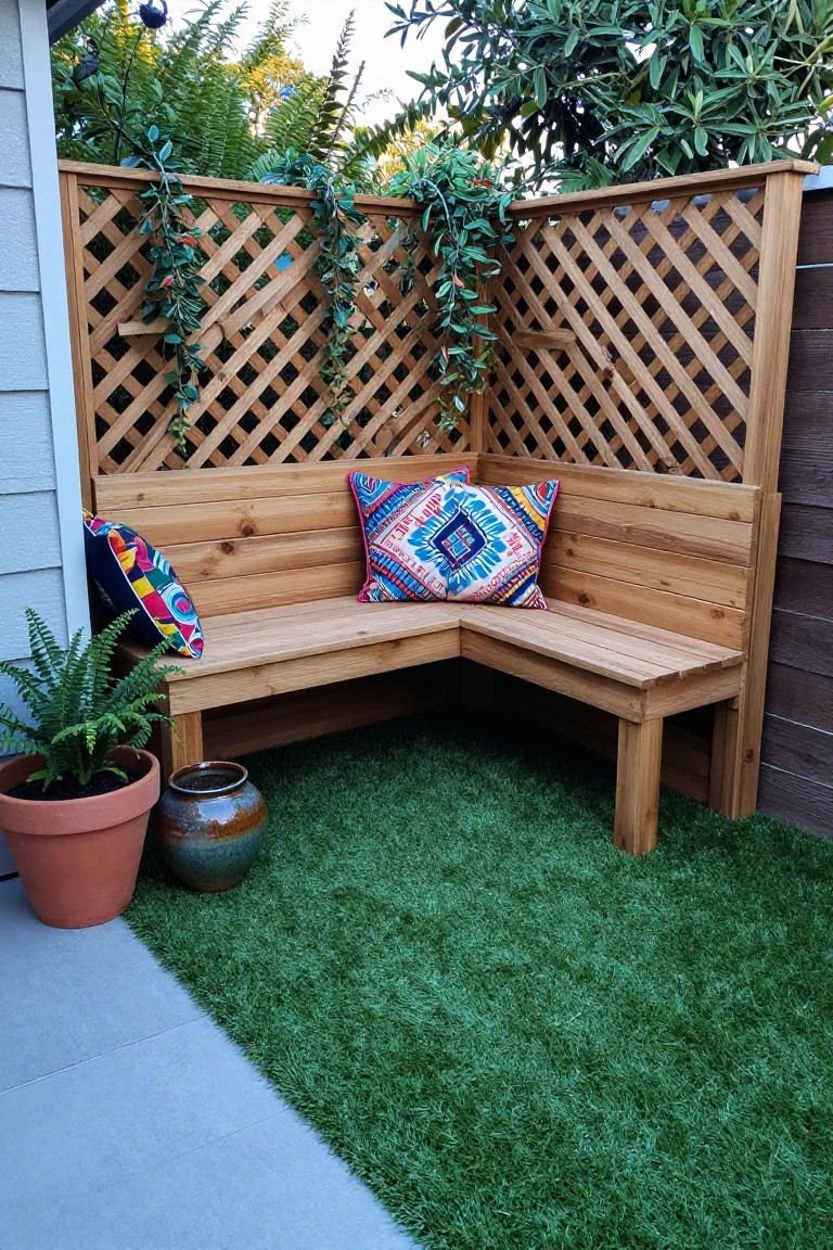A wooden L-shaped bench built into a lattice fence corner in a backyard, with colorful pillows, potted plants, and artificial grass.