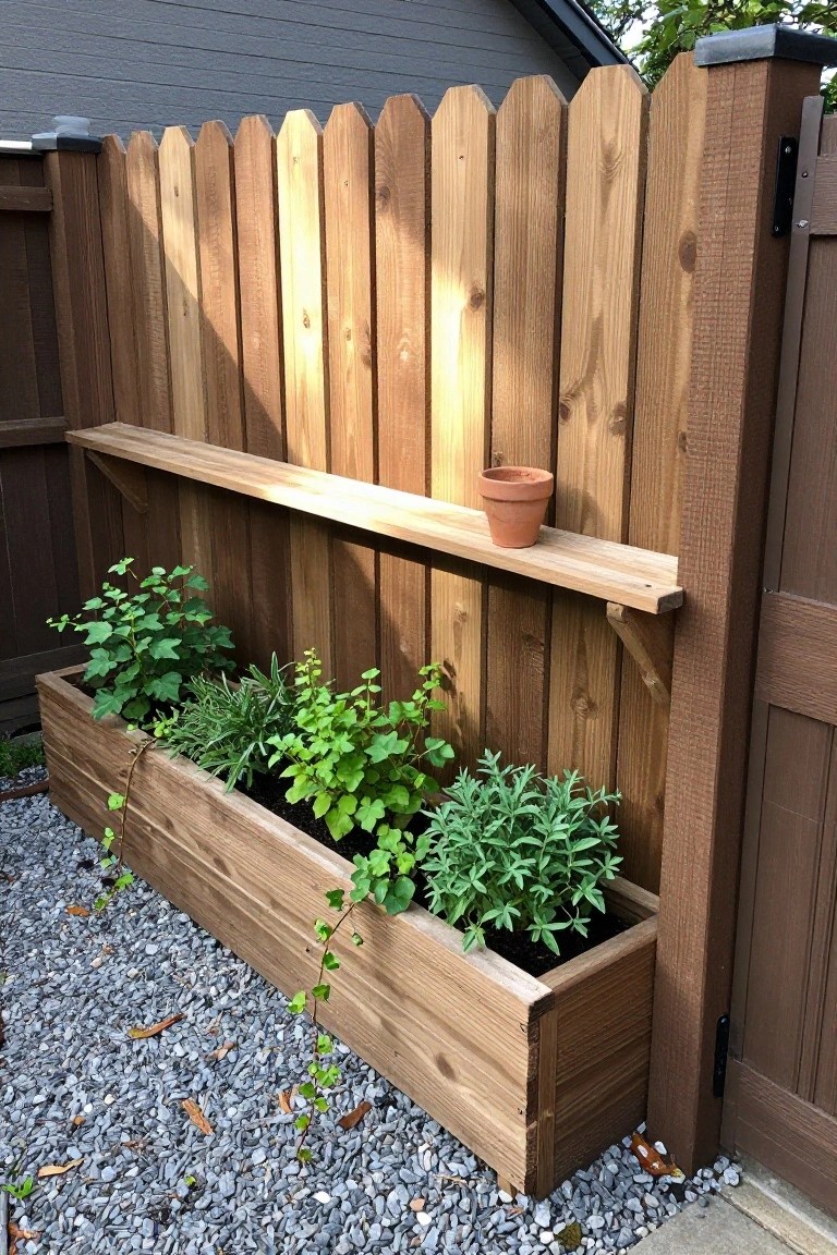 A wooden fence with a long attached planter box at the base holding green plants and a wooden shelf mounted above it.