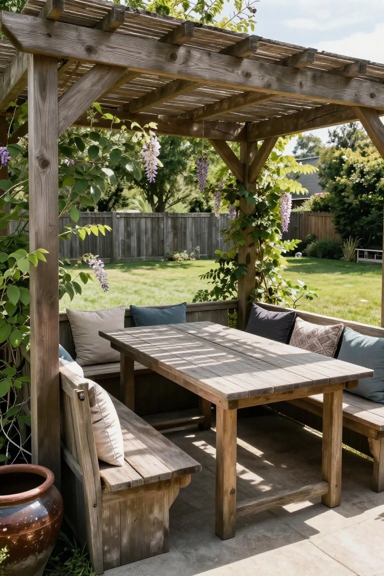 A wooden pergola with a long table and benches, cushions on the seats, and wisteria vines growing over the structure in a backyard.