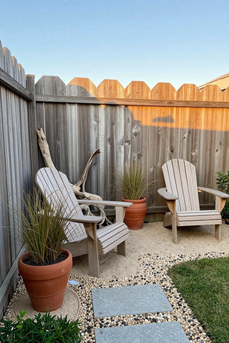 Two wooden Adirondack chairs on pebble patio with terracotta pots near fence.