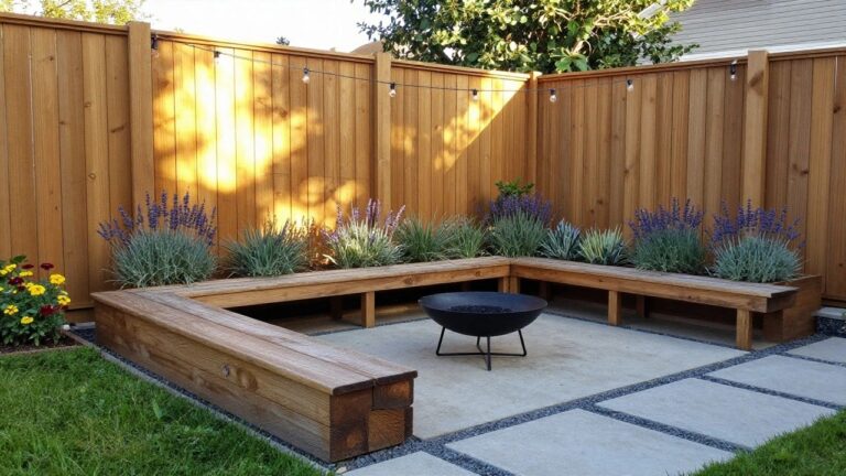 18 Affordable DIY Wood Fence Ideas for Budget-Friendly Backyard Upgrades A backyard patio with a horizontal wood fence, wooden bench, fire pit, and raised planters on a stone paver surface.