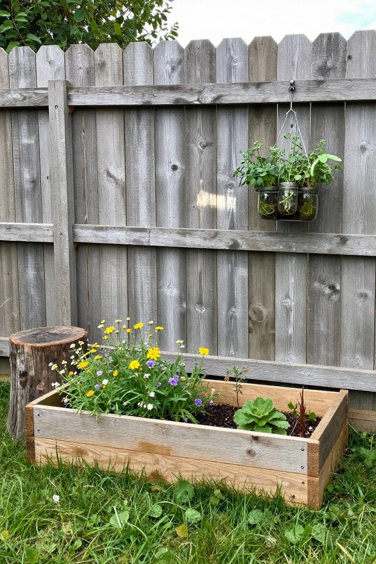 A raised wooden garden bed with flowers and greens sits in front of a gray wood fence, with three mason jars of plants hanging from the fence.