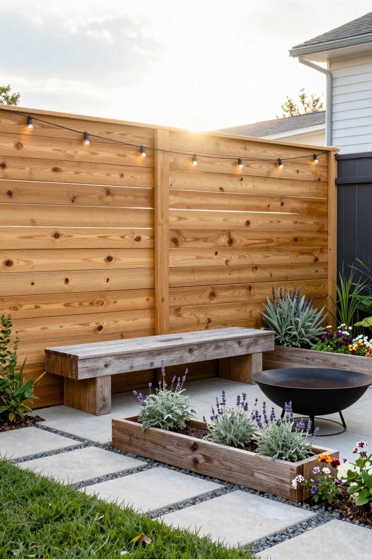 A backyard patio with a horizontal wood fence, wooden bench, fire pit, and raised planters on a stone paver surface.